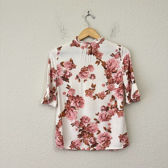 RACHEL PARCELL Keyhole Flounce Sleeve Blouse in Red/Pink Floral Print - Picture 7 of 12